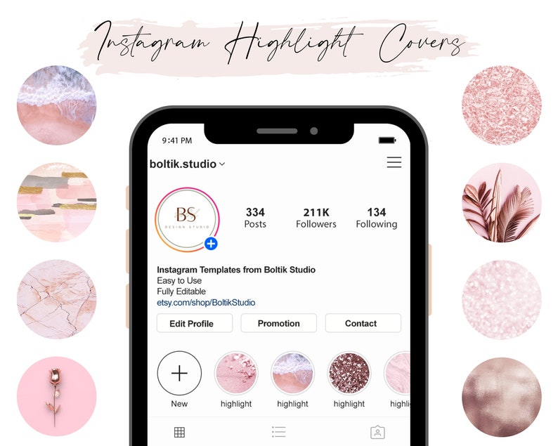 Pode incluir: Uma captura de tela de uma p&aacute;gina de perfil do Instagram com o nome de usu&aacute;rio "boltik.studio". O perfil tem 334 postagens, 211.000 seguidores e 134 pessoas que o seguem. A foto do perfil &eacute; um logotipo com as letras "BS" em um c&iacute;rculo. A biografia do perfil diz "Instagram Templates from Boltik Studio Easy to Use Fully Editable etsy.com/shop/BoltikStudio". O perfil tem bot&otilde;es para "Editar perfil", "Promo&ccedil;&atilde;o" e "Contato". Abaixo dos bot&otilde;es, h&aacute; uma linha de nove capas de destaque do Instagram. As capas de destaque s&atilde;o todas em tons de rosa e branco e apresentam v&aacute;rios designs, incluindo uma cena de praia, uma textura de m&aacute;rmore, uma rosa e glitter.