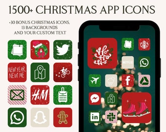Iconos de aplicaciones navideñas, iconos de aplicaciones iPhone iOS 14, widgets navideños, iconos estéticos de invierno, iconos de pantalla de inicio, iconos de Navidad, iconos de aplicaciones rojas verdes