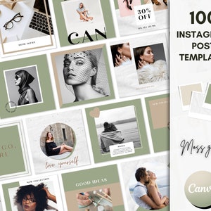 100 Instagram Post Templates, Green Templates, Instagram Templates for Canva, Social Media Templates, Neutral Post Templates, Instagram feed