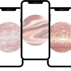 Pode incluir: Tr&ecirc;s maquetes de telefone com diferentes fundos de ouro rosa. O primeiro telefone tem um fundo de m&aacute;rmore, o segundo um fundo met&aacute;lico e o terceiro um fundo de brilho.