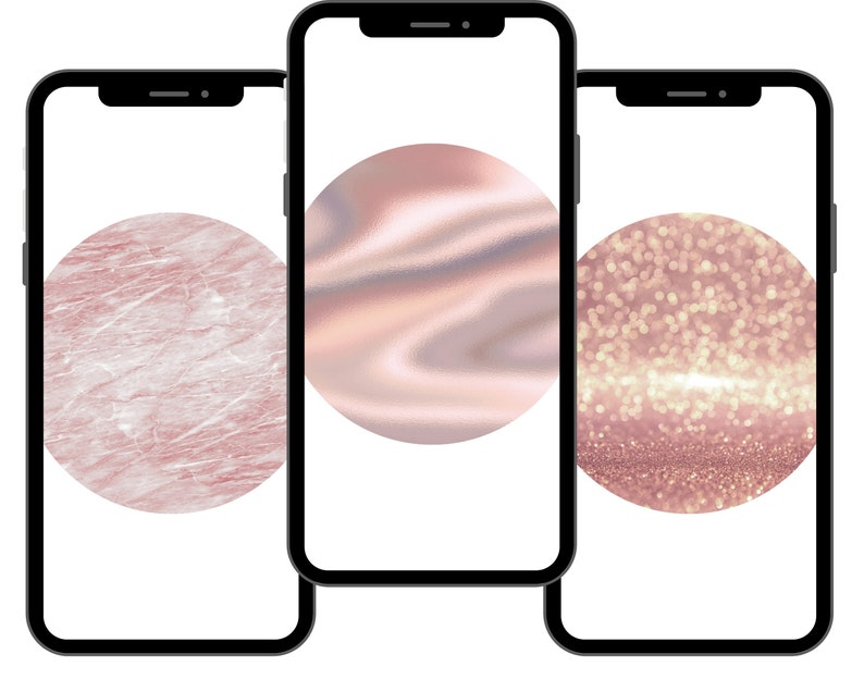 Pode incluir: Tr&ecirc;s maquetes de telefone com diferentes fundos de ouro rosa. O primeiro telefone tem um fundo de m&aacute;rmore, o segundo um fundo met&aacute;lico e o terceiro um fundo de brilho.
