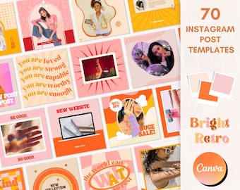 Instagram Post Templates, Retro Instagram Templates, Pink Orange Canva Design, 90's Social Media Template, Groovy Instagram Feed Branding