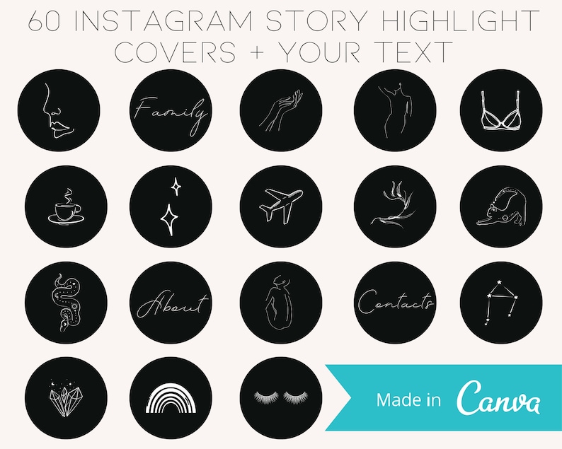 60 Instagram Highlight Covers Black Instagram icons Text | Etsy