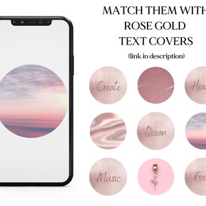Pode incluir: Nove capas de texto em ouro rosa com diferentes fundos, incluindo um p&ocirc;r do sol, m&aacute;rmore e uma rosa. O texto nas capas inclui "Create", "Music", "Ocean", "Health", "Food".