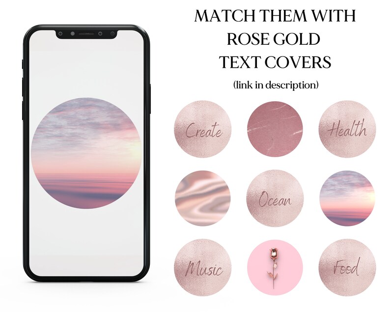 Pode incluir: Nove capas de texto em ouro rosa com diferentes fundos, incluindo um p&ocirc;r do sol, m&aacute;rmore e uma rosa. O texto nas capas inclui "Create", "Music", "Ocean", "Health", "Food".