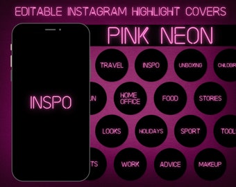 May include: A set of 12 pink neon Instagram highlight covers with black circles and white text. The text includes "INSPO", "TRAVEL", "HOME OFFICE", "FOOD", "STORIES", "LOOKS", "HOLIDAYS", "SPORT", "TOOL", "WORK", "ADVICE", "MAKEUP", "UNBOXING", and "CHILDBIRTH".