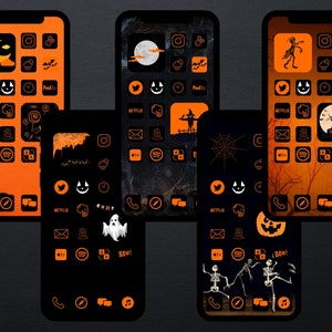 Puede incluir: Una colecci&oacute;n de dise&ntilde;os de pantalla de inicio de tel&eacute;fono con tem&aacute;tica de Halloween. Cada tel&eacute;fono muestra una disposici&oacute;n &uacute;nica de iconos con esquemas de color naranja y negro. Los dise&ntilde;os presentan elementos espeluznantes como esqueletos, fantasmas y calabazas, perfectos para Halloween.