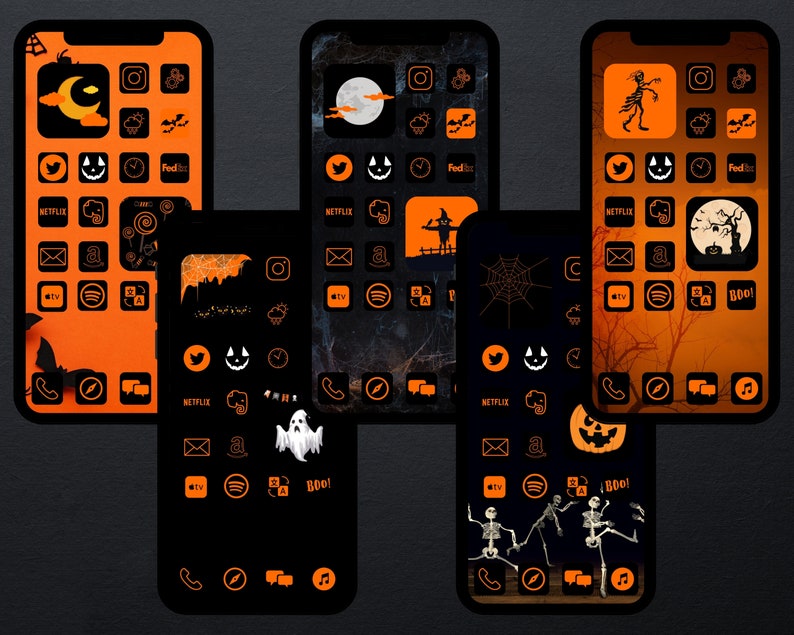 Puede incluir: Una colecci&oacute;n de dise&ntilde;os de pantalla de inicio de tel&eacute;fono con tem&aacute;tica de Halloween. Cada tel&eacute;fono muestra una disposici&oacute;n &uacute;nica de iconos con esquemas de color naranja y negro. Los dise&ntilde;os presentan elementos espeluznantes como esqueletos, fantasmas y calabazas, perfectos para Halloween.