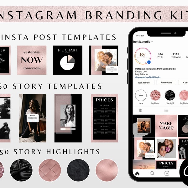 Editable Instagram Template Pack, Instagram Post Templates for Canva, Rose Gold Instagram Stories, Instagram feed, Instagram Branding Kit