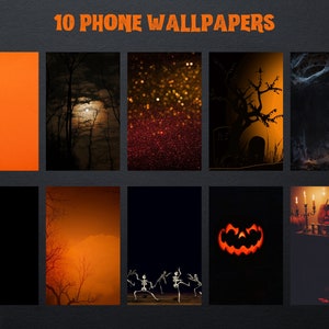 Puede incluir: Una colecci&oacute;n de diez fondos de pantalla para tel&eacute;fonos con tem&aacute;tica de Halloween. Los fondos de pantalla presentan varios dise&ntilde;os espeluznantes, incluyendo murci&eacute;lagos, ara&ntilde;as, una luna llena, purpurina, un cementerio, telara&ntilde;as, esqueletos, una calabaza y una escena de chimenea. El texto "10 PHONE WALLPAPERS" se muestra en la parte superior.