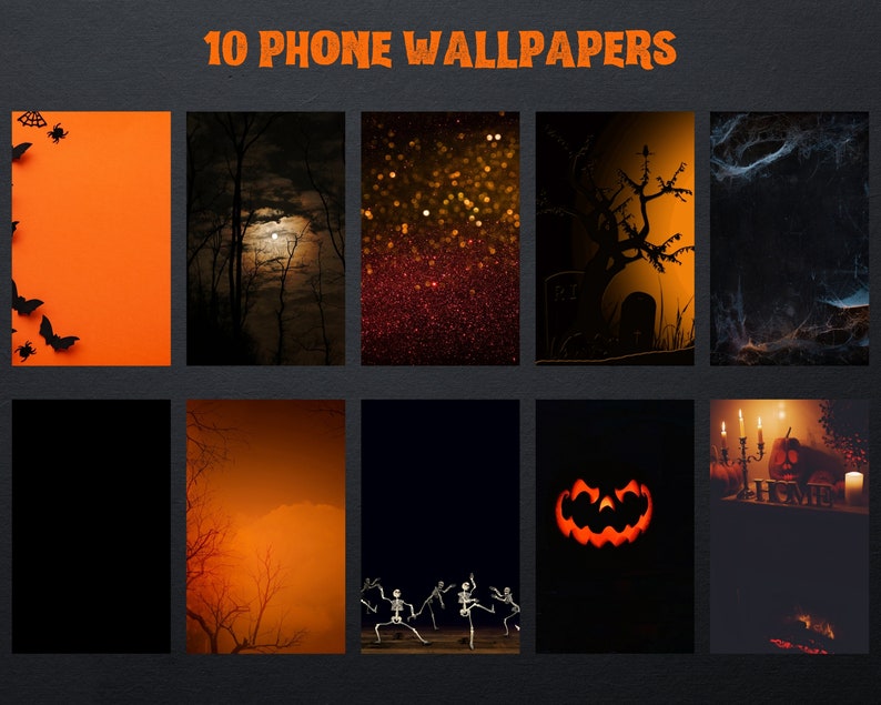 Puede incluir: Una colecci&oacute;n de diez fondos de pantalla para tel&eacute;fonos con tem&aacute;tica de Halloween. Los fondos de pantalla presentan varios dise&ntilde;os espeluznantes, incluyendo murci&eacute;lagos, ara&ntilde;as, una luna llena, purpurina, un cementerio, telara&ntilde;as, esqueletos, una calabaza y una escena de chimenea. El texto "10 PHONE WALLPAPERS" se muestra en la parte superior.