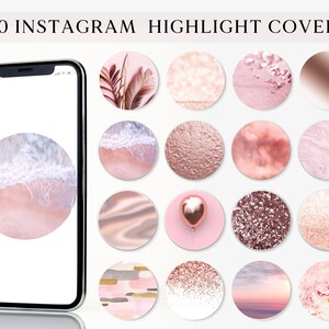 Pode incluir: 50 capas de destaque do Instagram em uma variedade de designs em ouro rosa e rosa. As capas apresentam texturas, padr&otilde;es e designs abstratos.