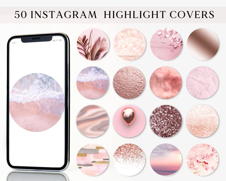 Pode incluir: 50 capas de destaque do Instagram em uma variedade de designs em ouro rosa e rosa. As capas apresentam texturas, padr&otilde;es e designs abstratos.