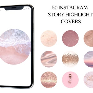 Pode incluir: 50 Capas de Destaque de Hist&oacute;ria do Instagram com uma variedade de designs em rosa, dourado e branco. Os designs incluem m&aacute;rmore, brilho, ondas, uma rosa e um p&ocirc;r do sol.