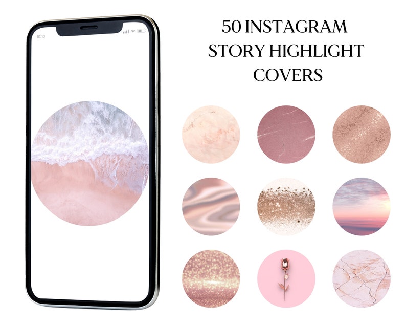 Pode incluir: 50 Capas de Destaque de Hist&oacute;ria do Instagram com uma variedade de designs em rosa, dourado e branco. Os designs incluem m&aacute;rmore, brilho, ondas, uma rosa e um p&ocirc;r do sol.