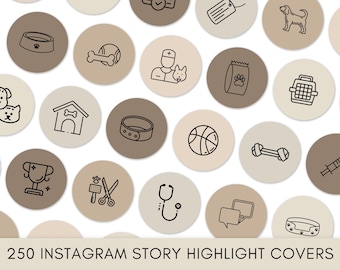 Op de afbeelding: Een set van 250 Instagram story highlight covers met hondenthema-pictogrammen in zwart-wit op een beige en bruine achtergrond. De pictogrammen omvatten een hondenbot, een hondenhok, een hondenriem, een hondenkom, een hondenbed, een hondenspeelgoed, een hondenkooi, een hondenpenning, een hondenpootafdruk, een hondendierenarts, een hondenspuit, een hondentrofee, een hondentrim-schaar, een hondenstethoscoop, een hondenpootafdruk, een hondenbasketbal, een hondenspeeltje en een hondengespreksballon.