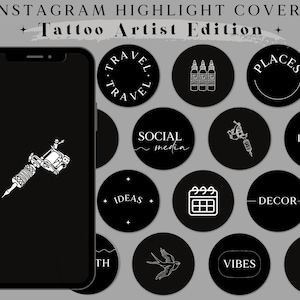 May include: Black and white Instagram highlight covers with a tattoo artist theme. The covers feature icons such as a tattoo machine, ink bottles, a calendar, a snake, and the words "Places", "Social Media", "Inspo", "Ideas", "Decor", "Vibes", and "Travel".