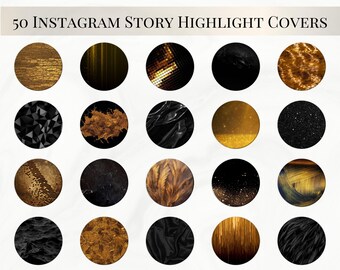 Instagram Story Highlight Covers, Gold highlights, Glitter Instagram stories, Minimalist gold icons for Instagram, Black Instagram covers