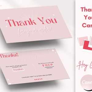 Könnte beinhalten: Rosa und rote Dankeskarte mit dem Text "Vielen Dank für Ihre Bestellung!" und "Danke! für die Unterstützung unseres kleinen Unternehmens". Die Karte enthält auch einen Rabattcode, Social-Media-Icons und eine Sternebewertung.