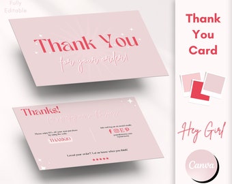 Plantilla de tarjeta de agradecimiento, marca de pequeña empresa, gracias por su pedido, nota de inserción de embalaje rosa, tarjetas de agradecimiento imprimibles Canva