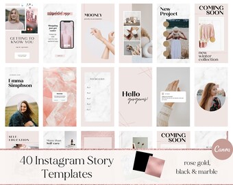 40 Pink Instagram Story Templates, Instagram Feed Templates, Rose Gold Templates, Instagram Stories Templates for Canva, Engagement Booster