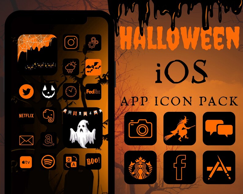 Puede incluir: Un iPhone negro que muestra un paquete de iconos de aplicaciones de Halloween para iOS. Los iconos son naranjas y negros, con dise&ntilde;os espeluznantes como una calabaza, un fantasma y una bruja. El fondo es un degradado naranja y negro con detalles goteantes.