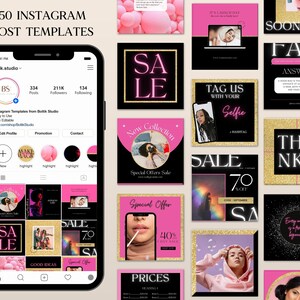 Instagram Templates Canva, Instagram Post Templates for Canva, Pink Instagram Theme, Instagram Feed, Social Media Templates, Gold Instagram