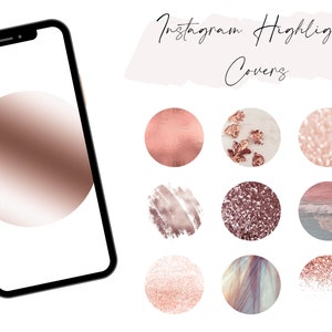 Pode incluir: Conjunto de 10 capas de destaque do Instagram com v&aacute;rias texturas e padr&otilde;es em ouro rosa, incluindo glitter, m&aacute;rmore e pinceladas. O texto "Instagram Highlight Covers" est&aacute; escrito em it&aacute;lico no topo da imagem.