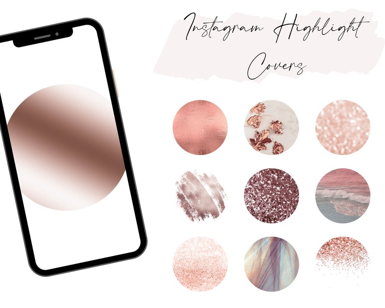 Pode incluir: Conjunto de 10 capas de destaque do Instagram com v&aacute;rias texturas e padr&otilde;es em ouro rosa, incluindo glitter, m&aacute;rmore e pinceladas. O texto "Instagram Highlight Covers" est&aacute; escrito em it&aacute;lico no topo da imagem.