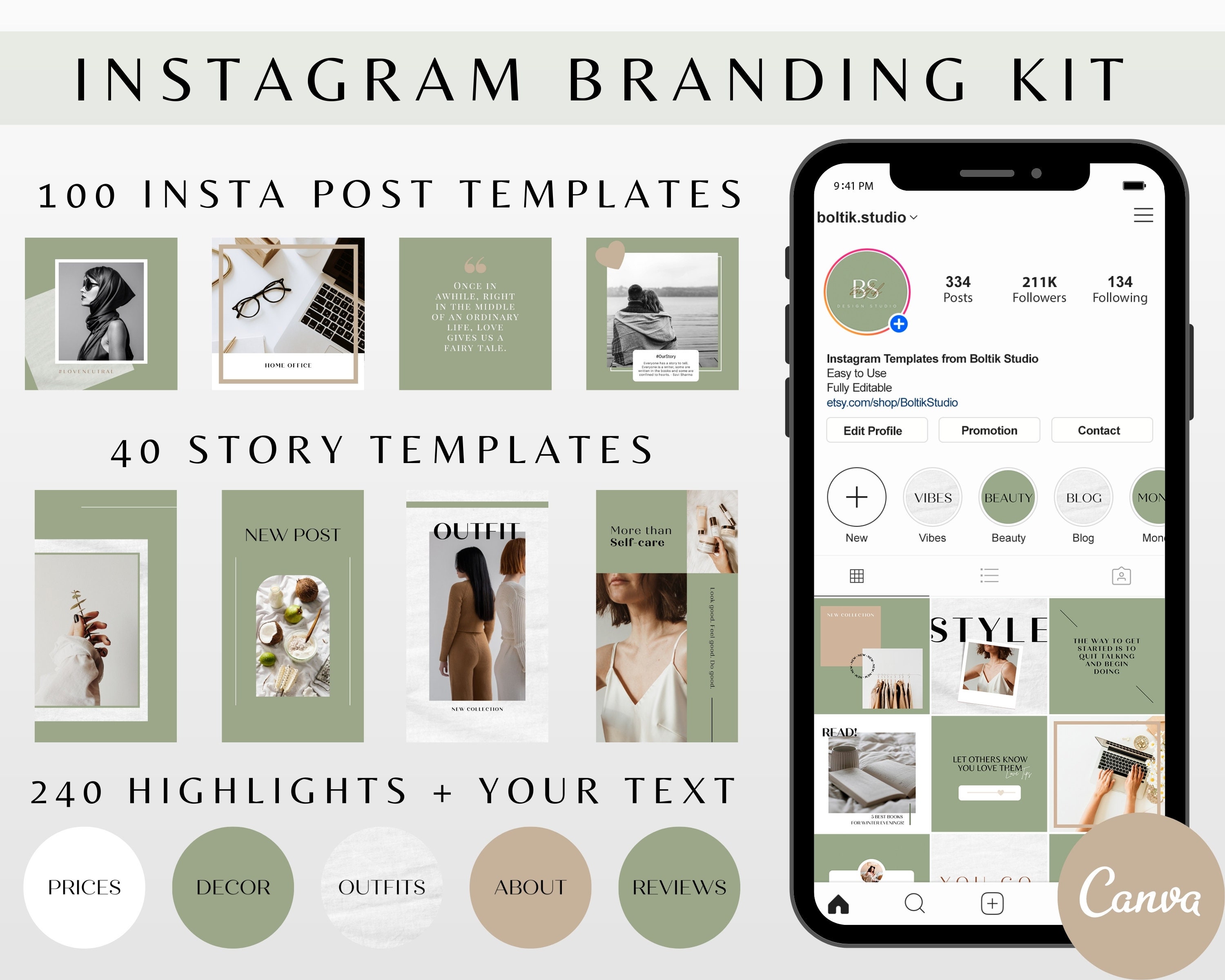 Editable Instagram Branding Kit, Instagram Post Templates for Canva ...
