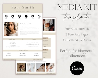 May include: A beige and brown media kit template for bloggers and influencers. The template includes a customizable design with two pages, US Letter and A4 sizes. The text "MEDIA KIT template" is written in a cursive font. The text "Fully Customizable" is written in a sans-serif font. The text "2 Template Pages" is written in a sans-serif font. The text "US Letter & A4 Sizes" is written in a sans-serif font. The text "Perfect for bloggers/influencers" is written in a sans-serif font. The Canva logo is in the bottom right corner.