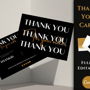 以下が含まれることがあります： 黒と金の「ありがとうございました」カード。白い文字で「ご注文ありがとうございました」と書いてあります。このカードは完全に編集可能で、Canvaを使用してカスタマイズできます。