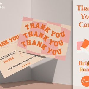 May include: A thank you card with a retro design featuring a pink and orange checkered background with the words "Thank You" repeated in a large, orange font. The text "Thank You Card" is also included in the image. The card includes the text "Please enjoy 10% off your next purchase by using the code: THANKIO".