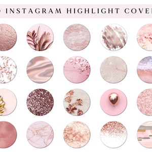 Pode incluir: 50 capas de destaque do Instagram com designs em ouro rosa e rosa. As capas apresentam diversas texturas, padr&otilde;es e designs abstratos, incluindo m&aacute;rmore, brilho e pinceladas.