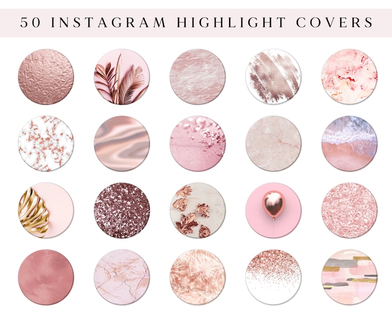 Pode incluir: 50 capas de destaque do Instagram com designs em ouro rosa e rosa. As capas apresentam diversas texturas, padr&otilde;es e designs abstratos, incluindo m&aacute;rmore, brilho e pinceladas.