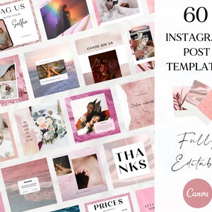 Pode incluir: 60 modelos de postagem do Instagram em rosa e branco com sobreposi&ccedil;&otilde;es de texto. Os modelos s&atilde;o totalmente edit&aacute;veis no Canva.