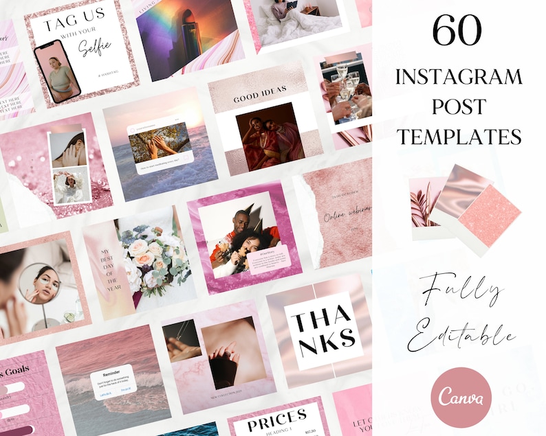 Pode incluir: 60 modelos de postagem do Instagram em rosa e branco com sobreposi&ccedil;&otilde;es de texto. Os modelos s&atilde;o totalmente edit&aacute;veis no Canva.