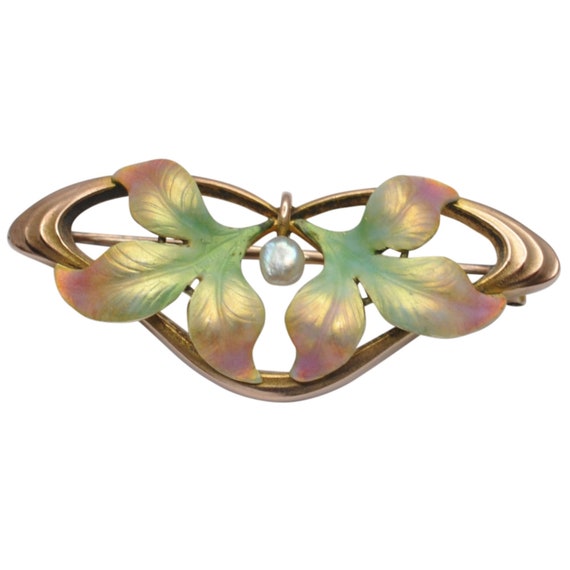 Art Nouveau Enamel Pearl Gold Brooch