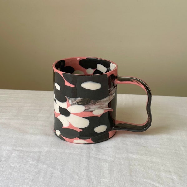 Black-N-White Flower Pink Mug | Handmade Ceramic Cup | Porcelain Coffee Mug