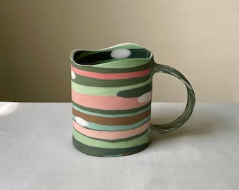 Green Color Stripes Nerikomi Wavy Mug | Porcelain Cup | Stoneware | Handmade Ceramic Cup