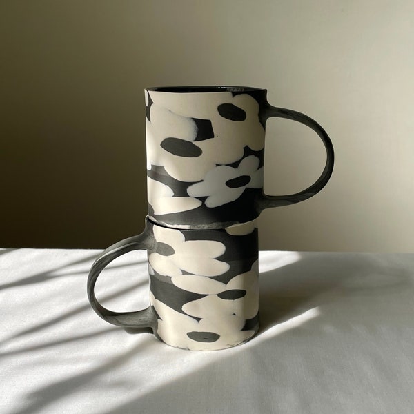 Black-N-White Nerikomi floral mug in Black / Cobalt Blue  | Abstract pottery | Handmade Ceramic Mug