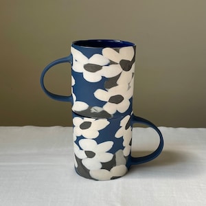 Black-N-White Nerikomi floral mug in cobalt blue | Abstract pottery | Handmade Ceramic Mug