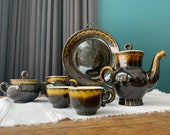 Clay-pottery coffee set for 3, brown yellow color, vintage, handmade.