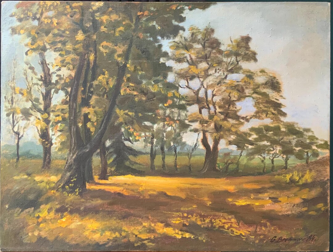 Vintage Forest Oil Painting on Canvas: Green-yellow Landscape Art (1984 ...