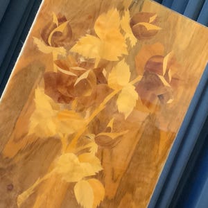 Houten plaquette vintage rozemarqueterie: intarsia wanddecoratie jaren 70