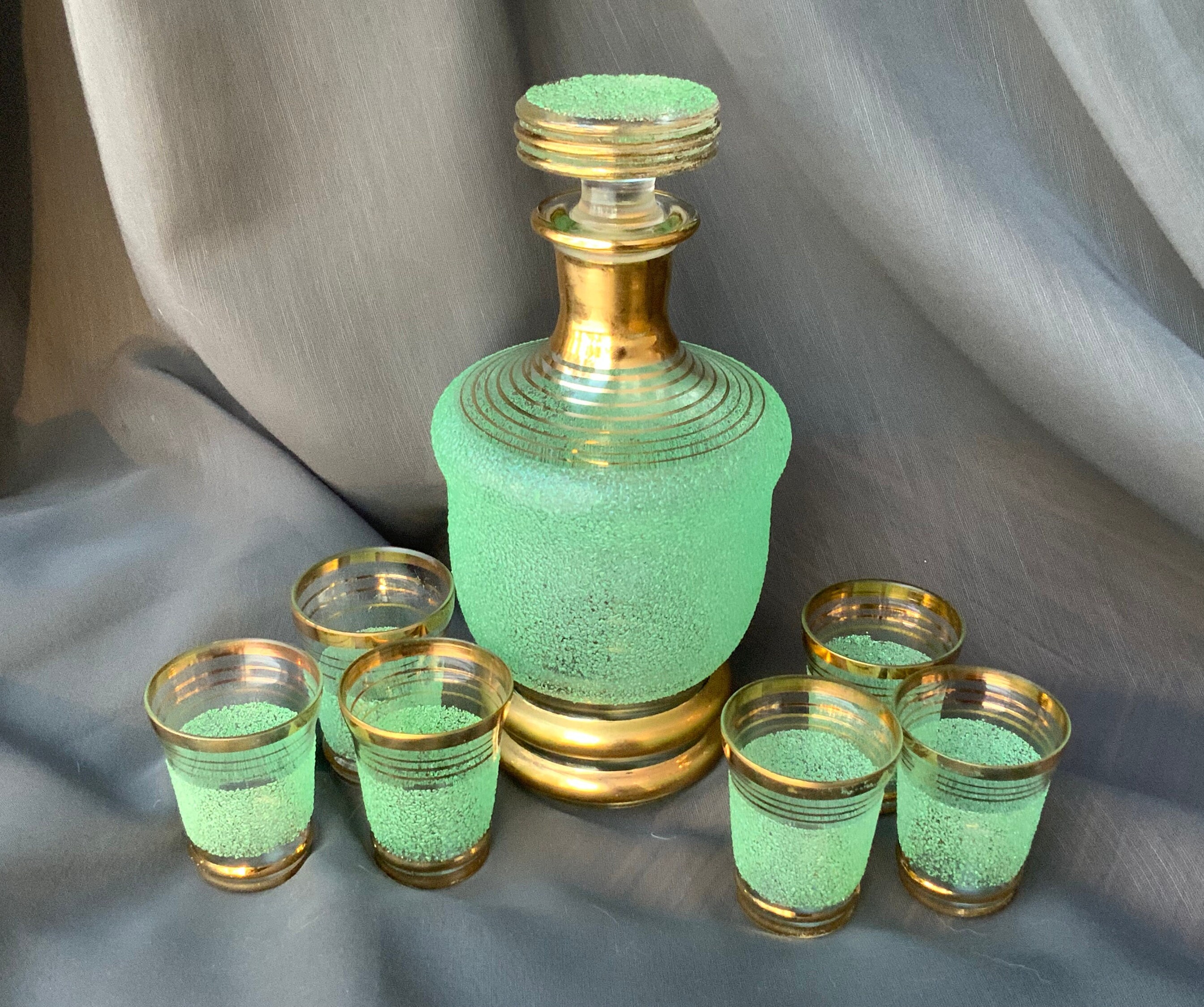 Vintage Green Glass Decanter Set: Gold Trimmed Shot Glasses, USSR