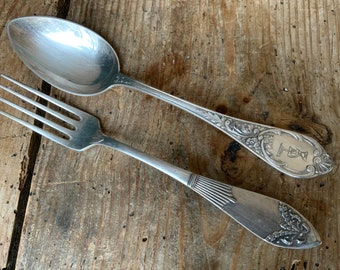 Vintage Art Nouveau Silver Plated Fork and Alpaca Spoon Set