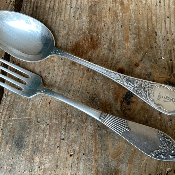 Set fork and spoon, Art Nouveau decor from the 30s, Vintage Silver Plated Fork and engraved alpak spoon, Mixed.