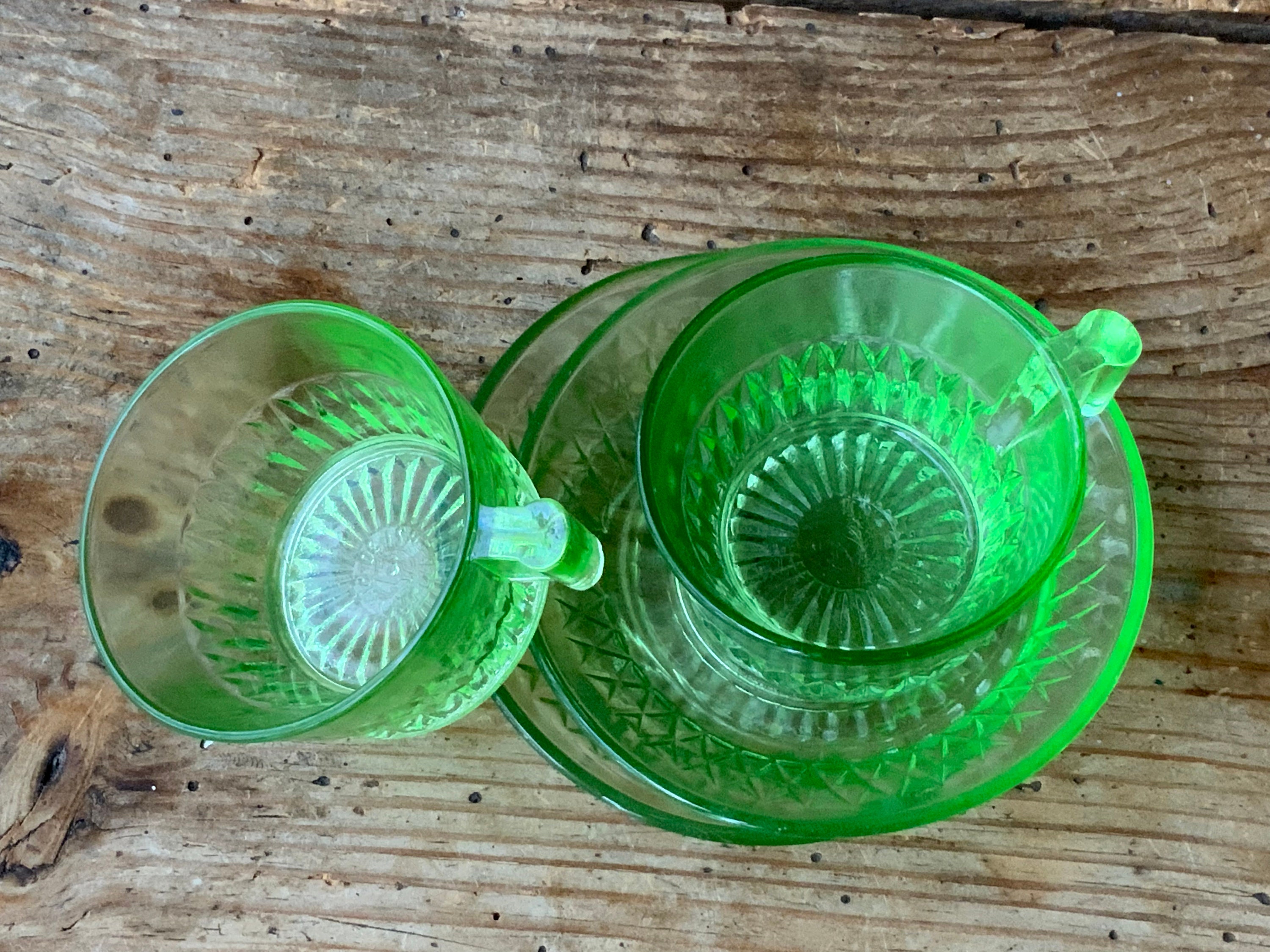 Vintage Glass Cups and Saucersgreen Glass Set of 2vintage Etsy