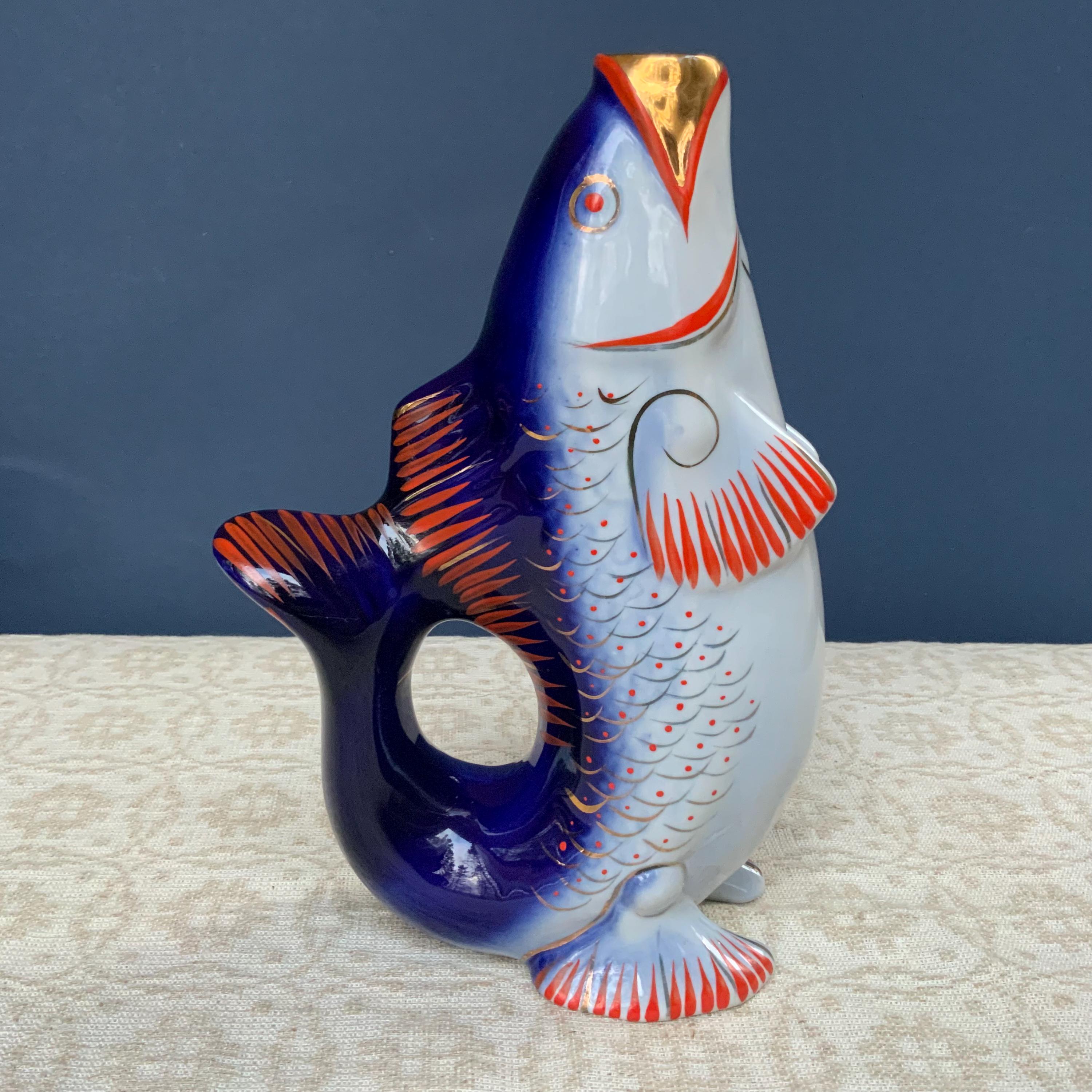 Vintage Fish Pitcher, Ceramic Fish Vase, Blue and White Pottery